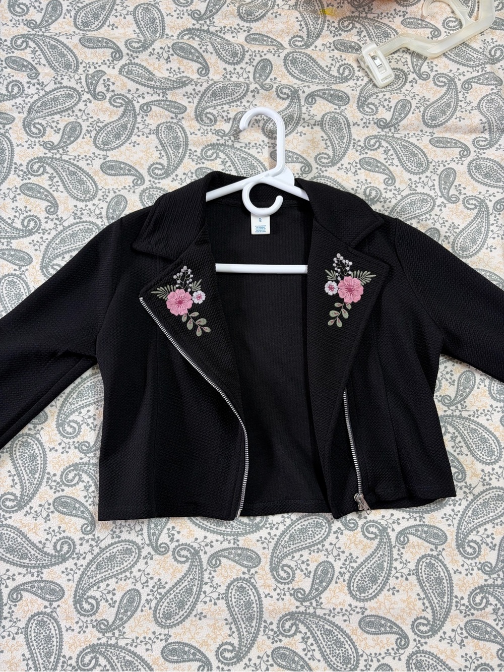 Kids Black Cropped Embroidered Moto Jacket to wear on top of dress